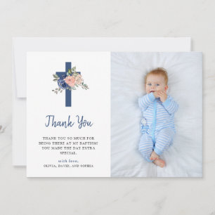 Blush and Navy Floral and Cross   Photo Baptism Thank You Card