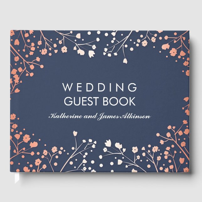 Blush and Navy Floral Baby's Breath Wedding Guest Book (Front)