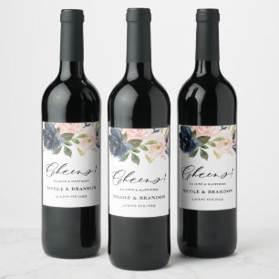 Blush and Navy Floral Bouquet Cheers Wedding Wine Label