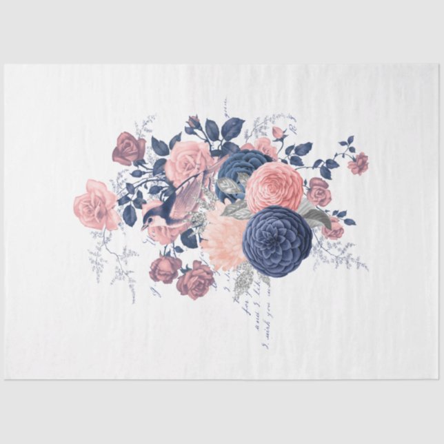 Blush and Navy Floral Ephemera Series Design 16 Tissue Paper (Front)