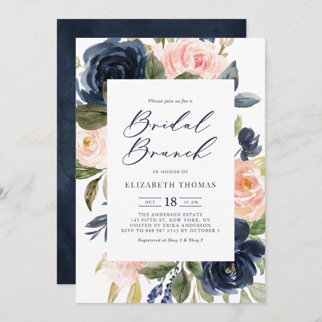 Blush and Navy Floral Frame Fall Bridal Brunch Invitation (Front/Back)
