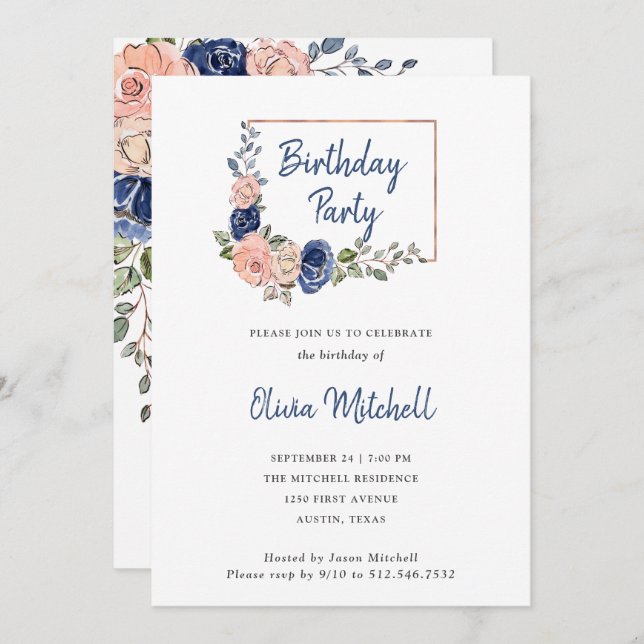 Blush and Navy Floral Geometric | Birthday Party Invitation (Front/Back)