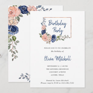 Blush and Navy Floral Geometric Birthday Party Invitation