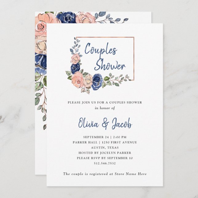 Blush and Navy Floral Geometric | Couples Shower Invitation (Front/Back)