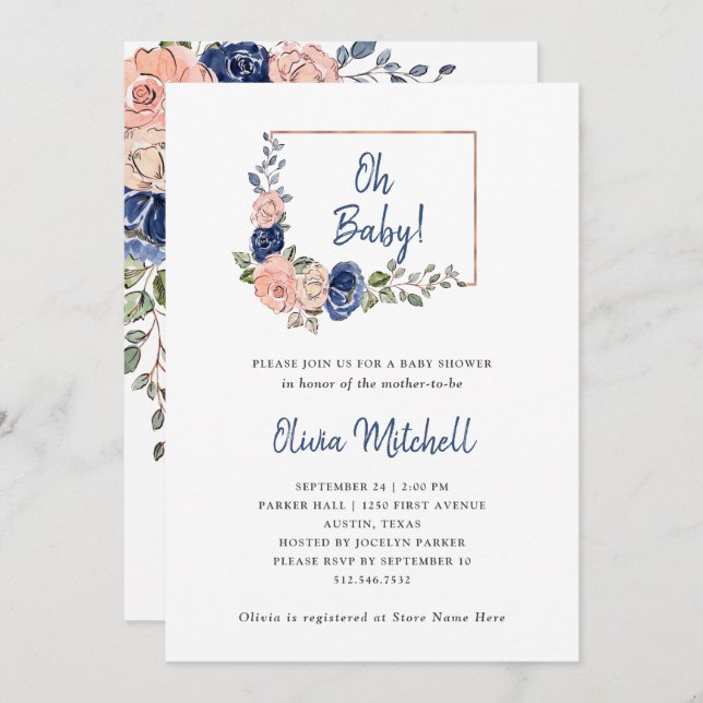 Blush and Navy Floral Geometric | Oh Baby Shower Invitation (Front/Back)
