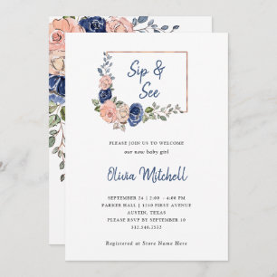 Blush and Navy Floral Geometric Sip and See Invitation