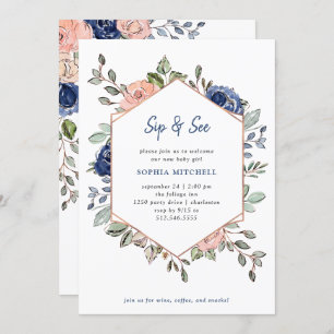 Blush and Navy Floral Geometric   Sip and See Invitation