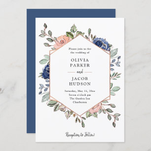 Blush and Navy Floral Geometric Wedding Invitation