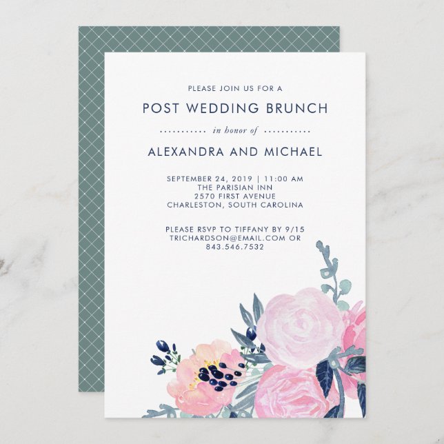 Blush and Navy Floral | Post Wedding Brunch Invitation (Front/Back)