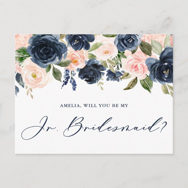 Blush and Navy Floral Will You Be My Jr Bridesmaid Postcard (Front)