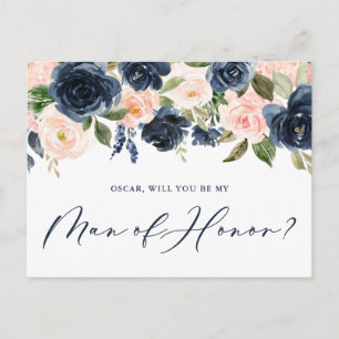 Blush and Navy Floral Will You Be My Man of Honour Postcard