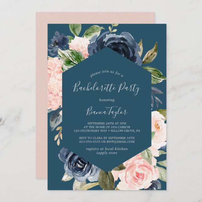 Blush and Navy Flowers Blue Bachelorette Party Invitation (Front/Back)