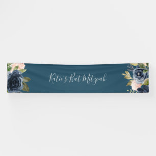 Blush and Navy Flowers   Blue Bat Mitzvah Banner