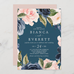 Blush and Navy Flowers   Blue Casual Wedding Invitation