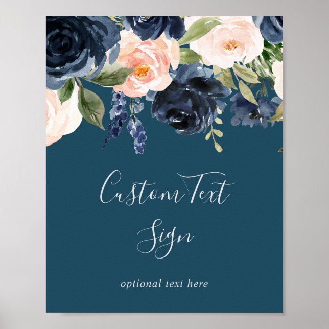 Blush and Navy Flowers | Blue Custom Text Sign (Front)