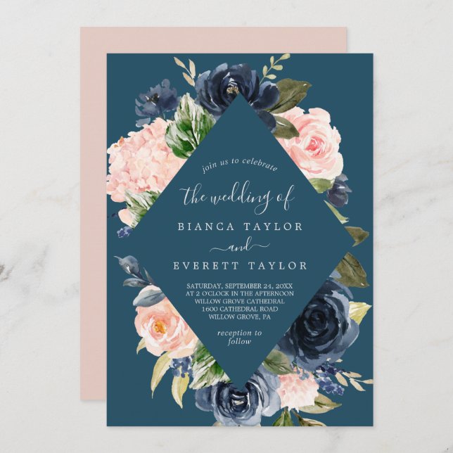 Blush and Navy Flowers | Blue Diamond Wedding Invitation (Front/Back)