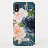 Blush and Navy Flowers | Blue Personalised Name Case-Mate iPhone Case (Back)