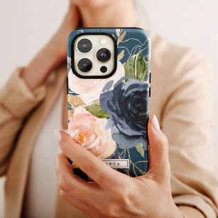 Blush and Navy Flowers   Blue Personalised Name Case-Mate iPhone Case