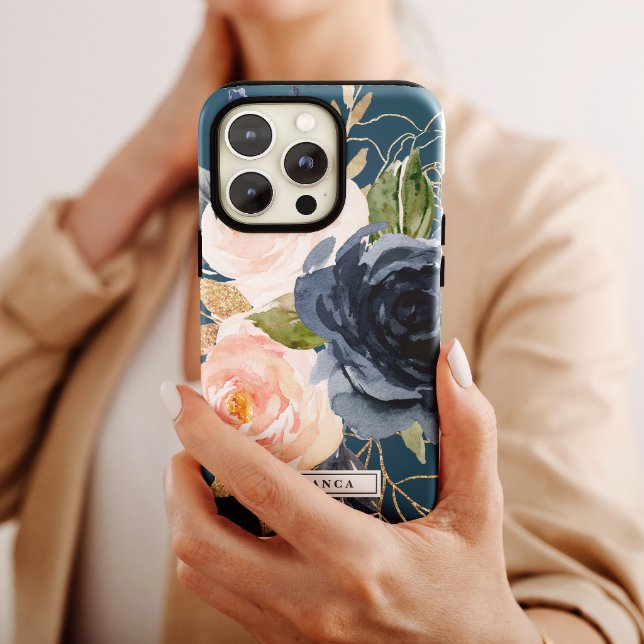 Blush and Navy Flowers | Blue Personalised Name Case-Mate iPhone Case