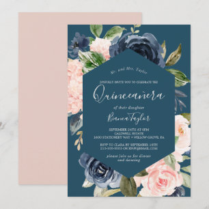 Blush and Navy Flowers   Blue Quinceañera Invitation