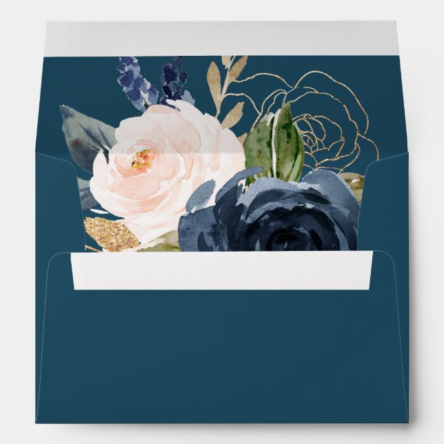 Blush and Navy Flowers | Blue Wedding Invitation Envelope (Back (Bottom))