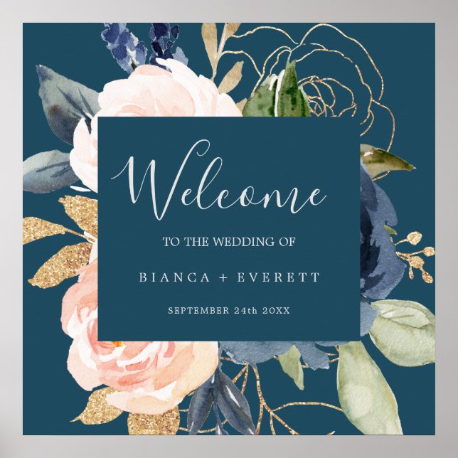 Blush and Navy Flowers | Blue Welcome Wedding Poster (Front)