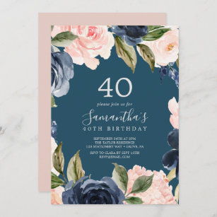Blush and Navy Flowers Blue Wreath 40th Birthday Invitation