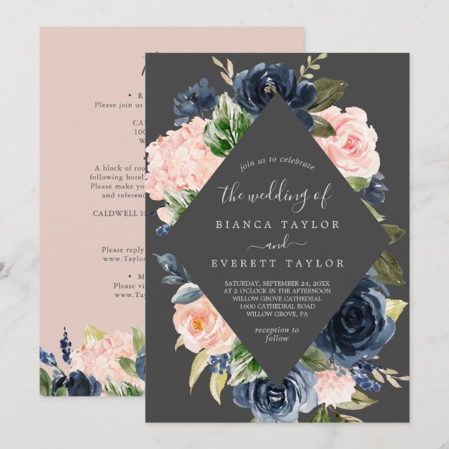 Blush and Navy Flowers | Grey All In One Wedding Invitation (Front/Back)