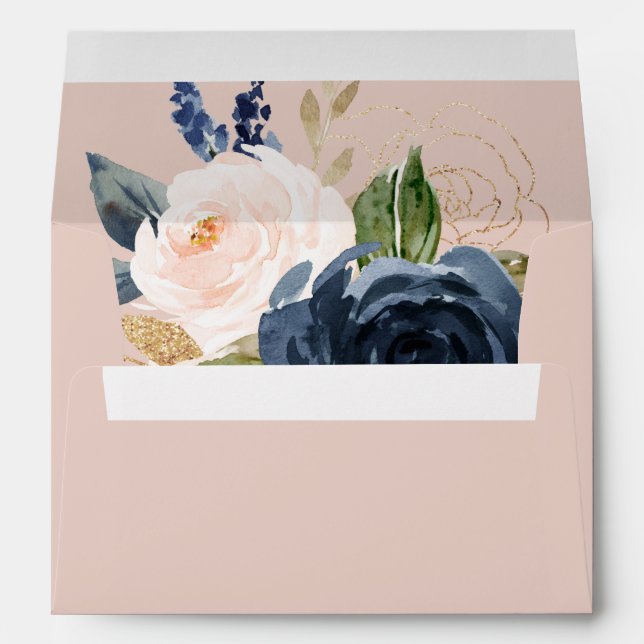Blush and Navy Flowers | Pink Wedding Invitation Envelope (Back (Bottom))