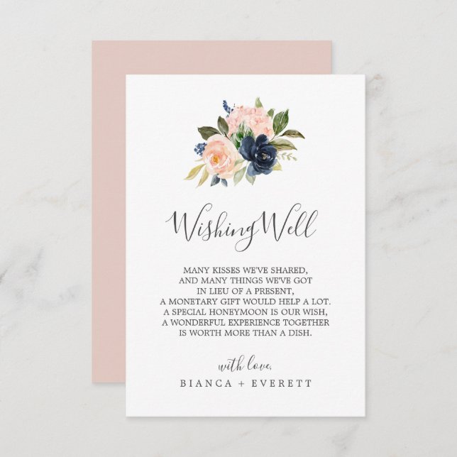 Blush and Navy Flowers Wedding Wishing Well Card (Front/Back)