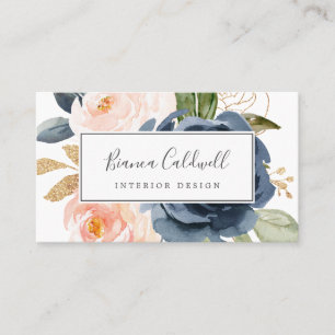 Blush and Navy Flowers   White Business Card
