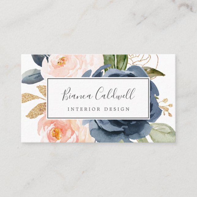 Blush and Navy Flowers | White Business Card (Front)