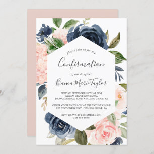 Blush and Navy Flowers   White Confirmation Invitation
