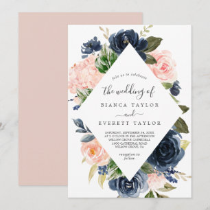 Blush and Navy Flowers   White Diamond Wedding Invitation