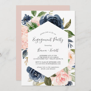 Blush and Navy Flowers   White Engagement Party Invitation