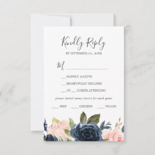 Blush and Navy Flowers White Menu Choice RSVP Card