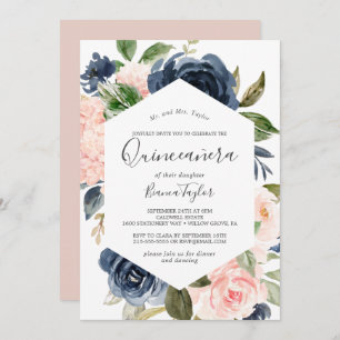 Blush and Navy Flowers White Quinceañera Invitation