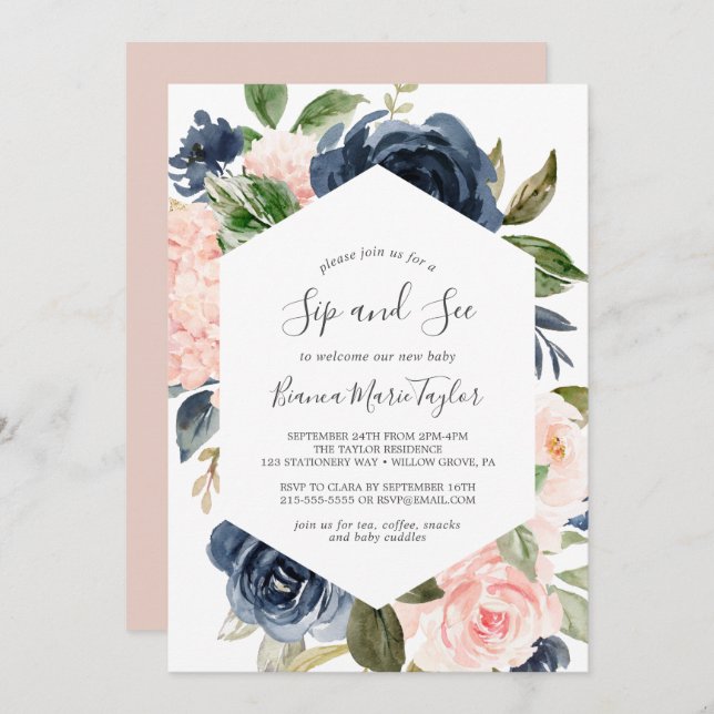 Blush and Navy Flowers | White Sip and See Invitation (Front/Back)