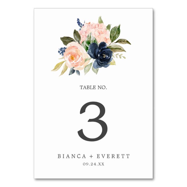 Blush and Navy Flowers | White Table Number (Front)