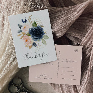 Blush and Navy Flowers White Thank You Postcard