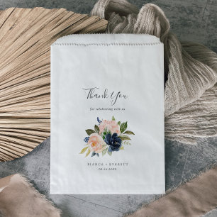 Blush and Navy Flowers White Thank You Wedding Favour Bag