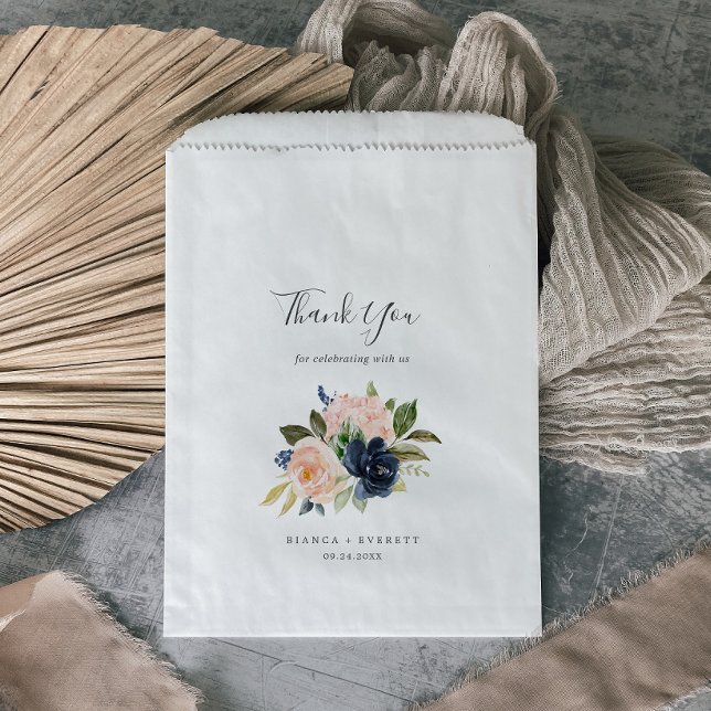Blush and Navy Flowers | White Thank You Wedding Favour Bag (Creator Uploaded)