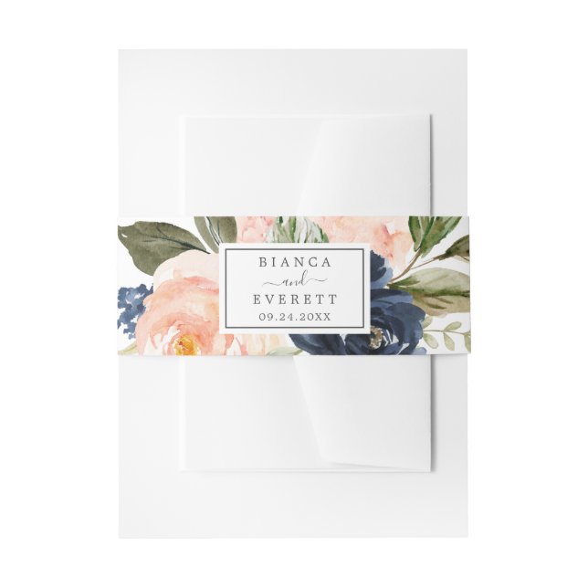 Blush and Navy Flowers | White Wedding Invitation Belly Band (Front Example)