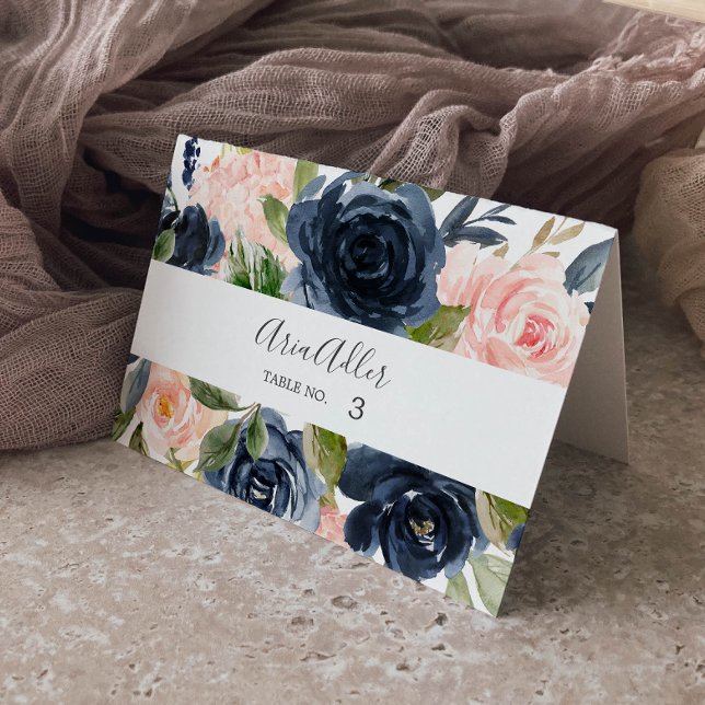 Blush and Navy Flowers | White Wedding Place Cards (Creator Uploaded)