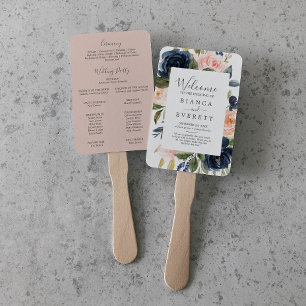 Blush and Navy Flowers White Wedding Program Fan