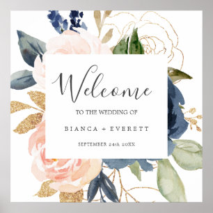 Blush and Navy Flowers White Welcome Wedding Poster