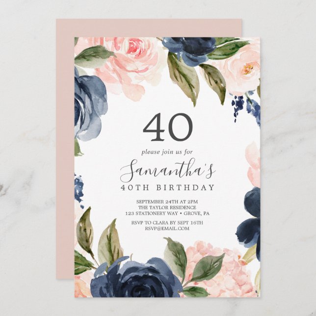 Blush and Navy Flowers White Wreath 40th Birthday Invitation (Front/Back)