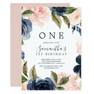Blush and Navy Flowers White Wreath First Birthday Invitation