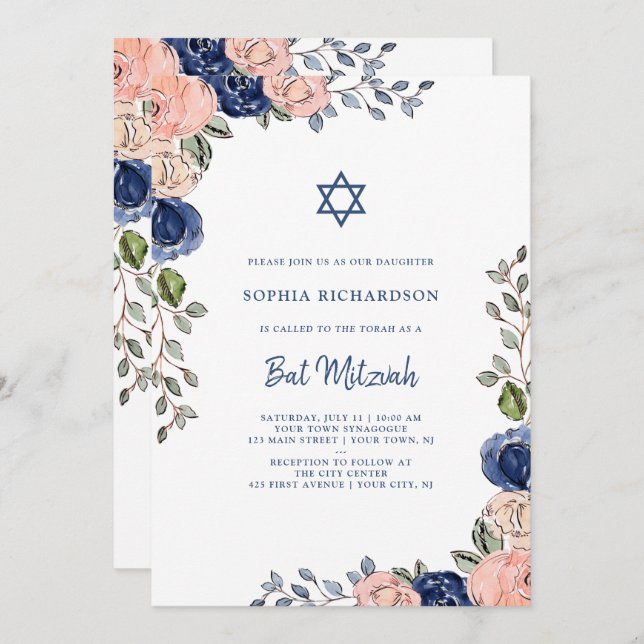 Blush and Navy Hand Drawn Flowers | Bat Mitzvah Invitation (Front/Back)