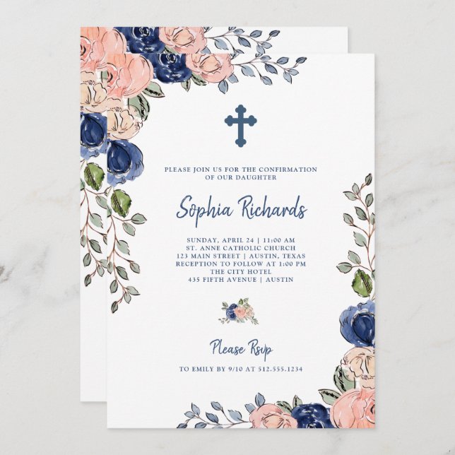 Blush and Navy Hand Drawn Flowers | Confirmation Invitation (Front/Back)